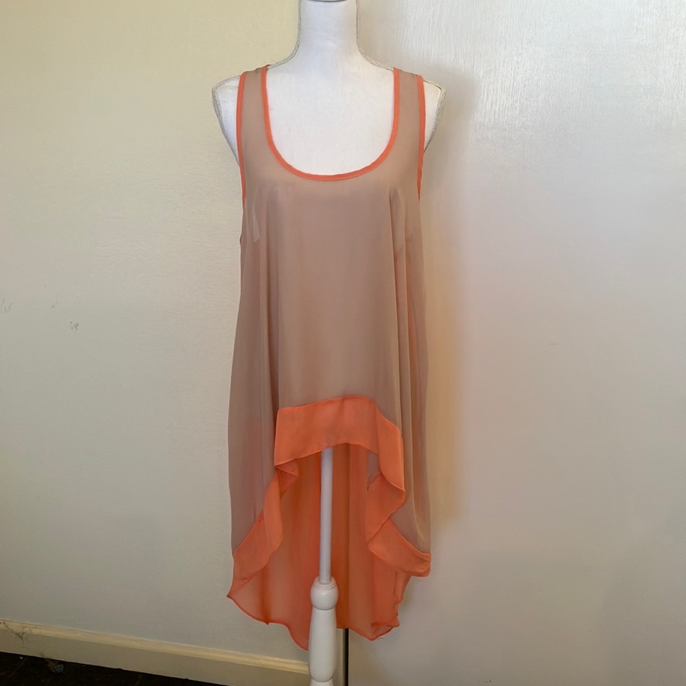 🍑🤎Pretty Rebellious Sheer Orange & Tan Hi Low Tunic Top Excellent Cond Size XL